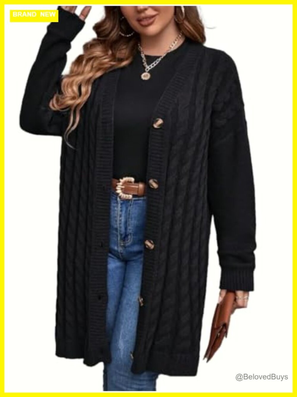 Cable Knit Long Cardigan Sweater Button Front Open Front Pockets